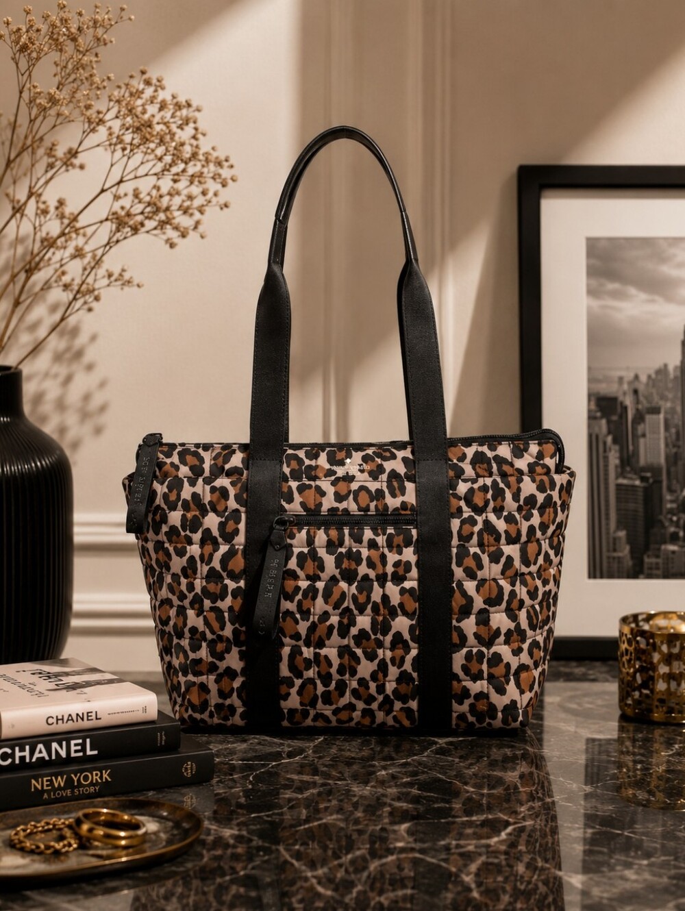 Kate Spade Leopard Print Quilted Tote Bag with Black Straps